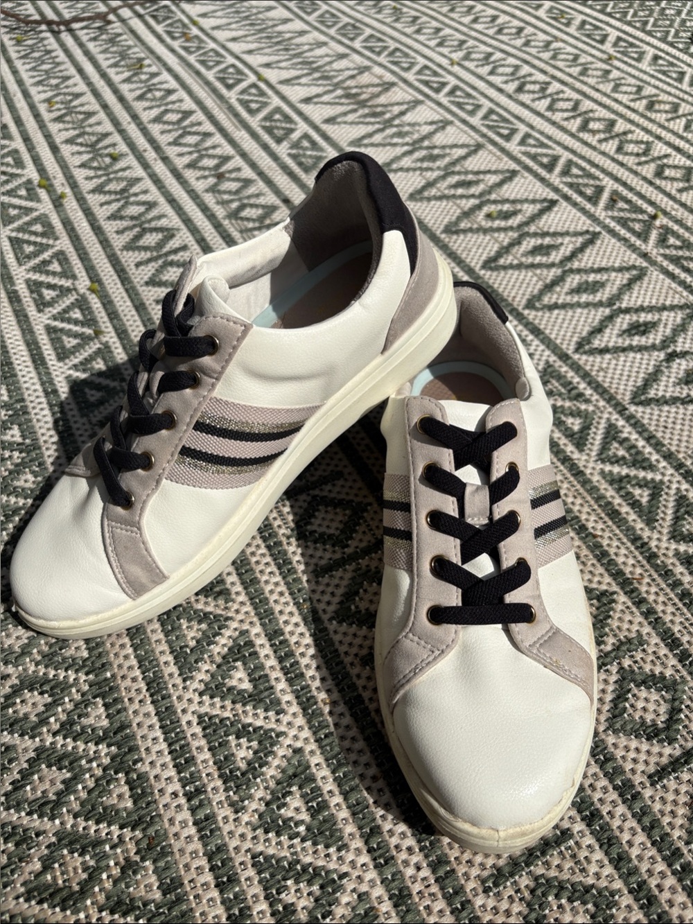 Women's White and Beige Casual Lace-Up Sneakers with Black Laces
